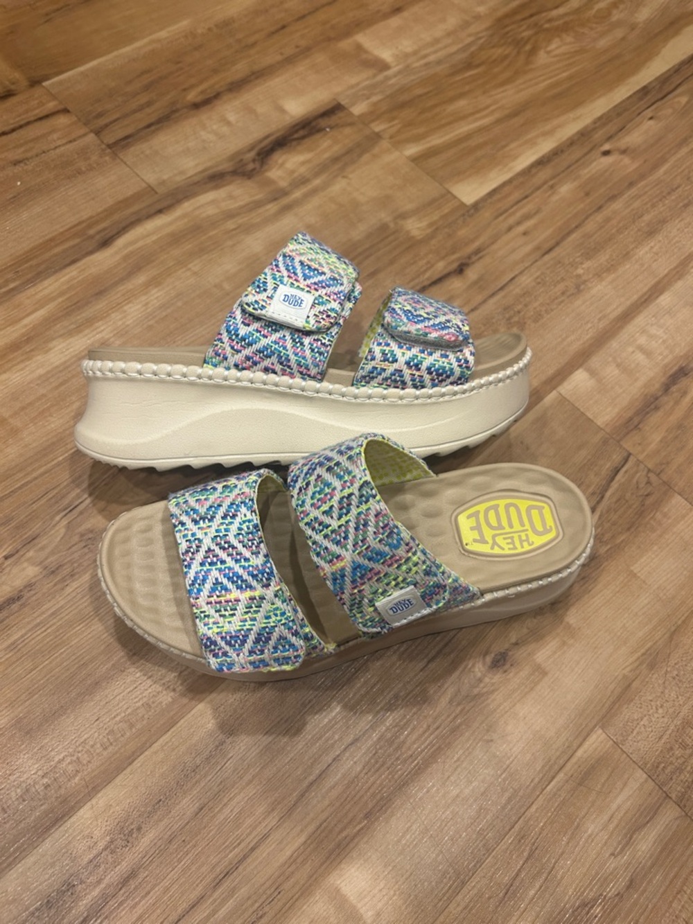 Hey Dude Cream Platform Slide Sandals with Multicolor Woven Straps